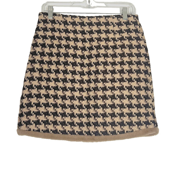 Cider Tweed Houndstooth Mini Skirt Womens Medium Brown Fuzzy Trim Lined Coquette - Picture 1 of 8